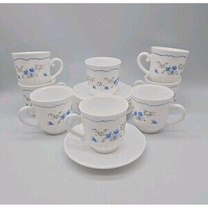 Arcopal France Coffee Cups & Saucers Milk Glass Romantique Blue Floral 8 Serving